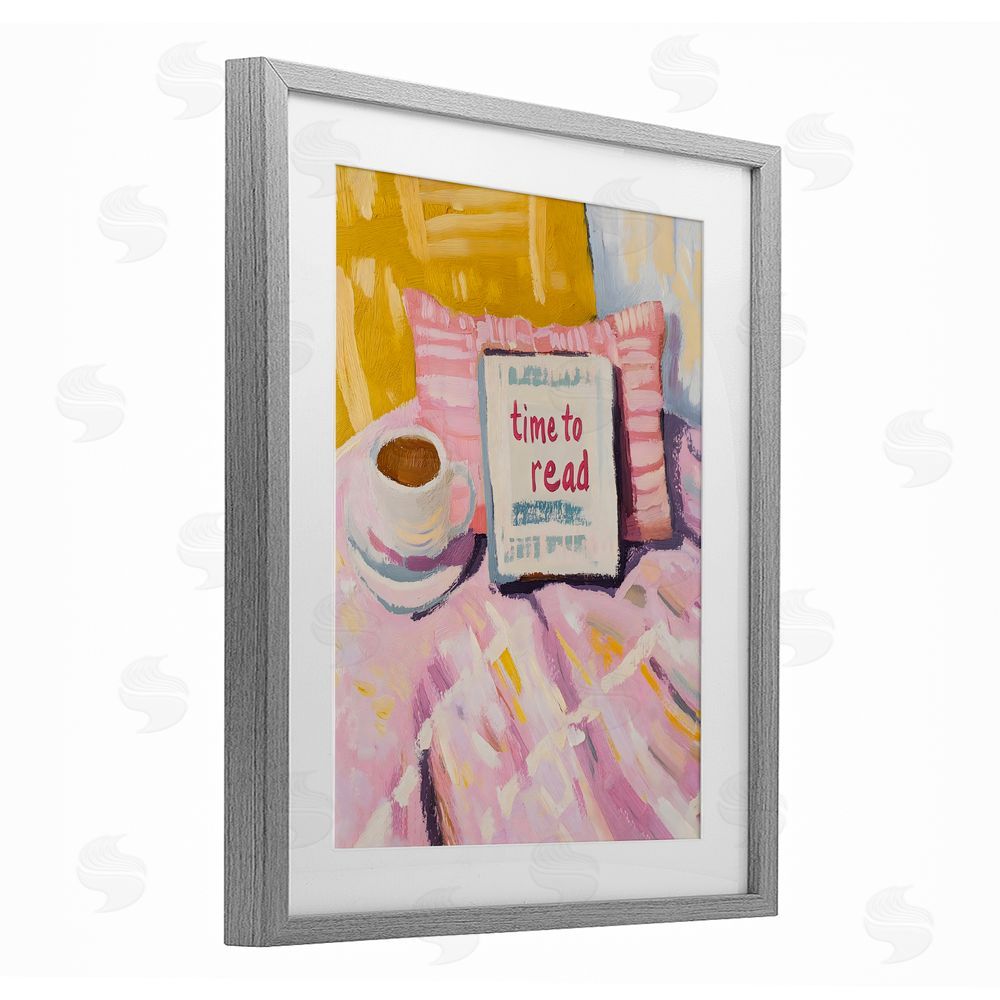The Prints Vibe Time To Read in Morning Gray Framed Print Under Glass with White Mat Wall Art