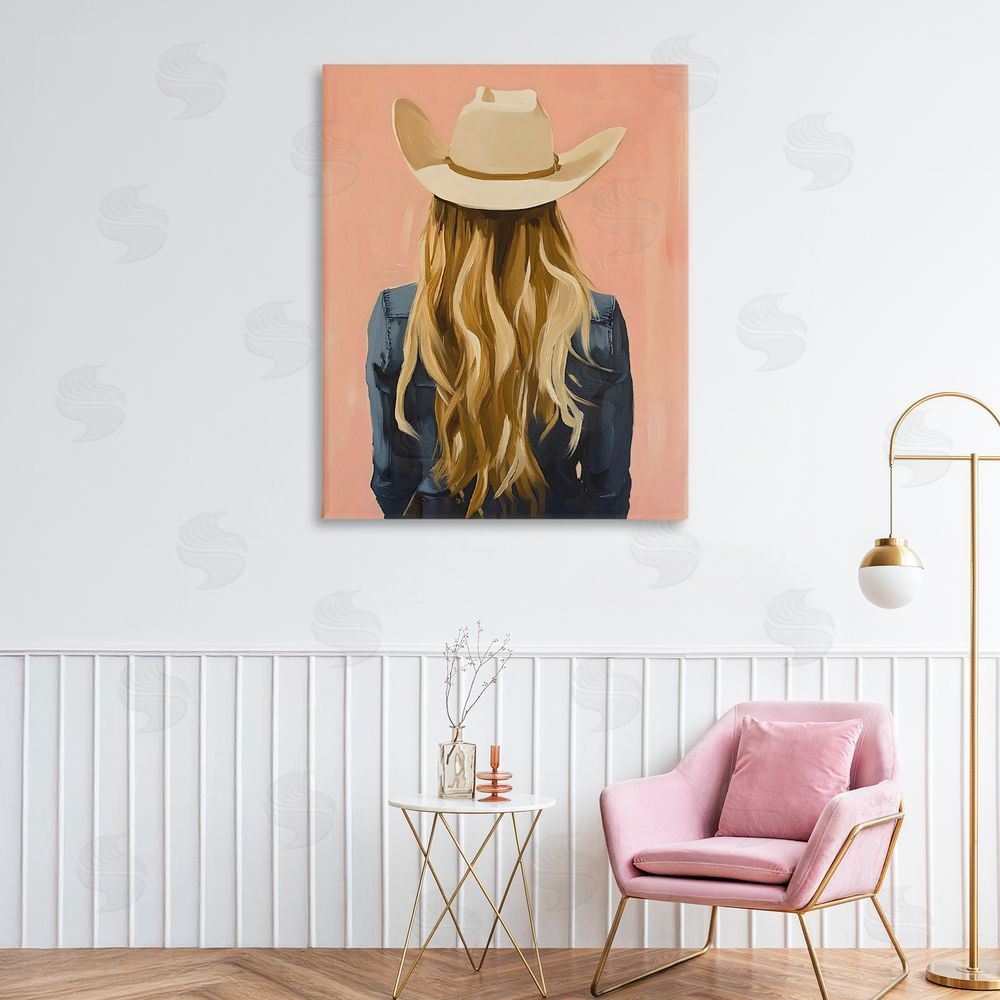 The Prints Vibe Blonde Cowgirl Back View Stretched Canvas Wall Art Print in Room