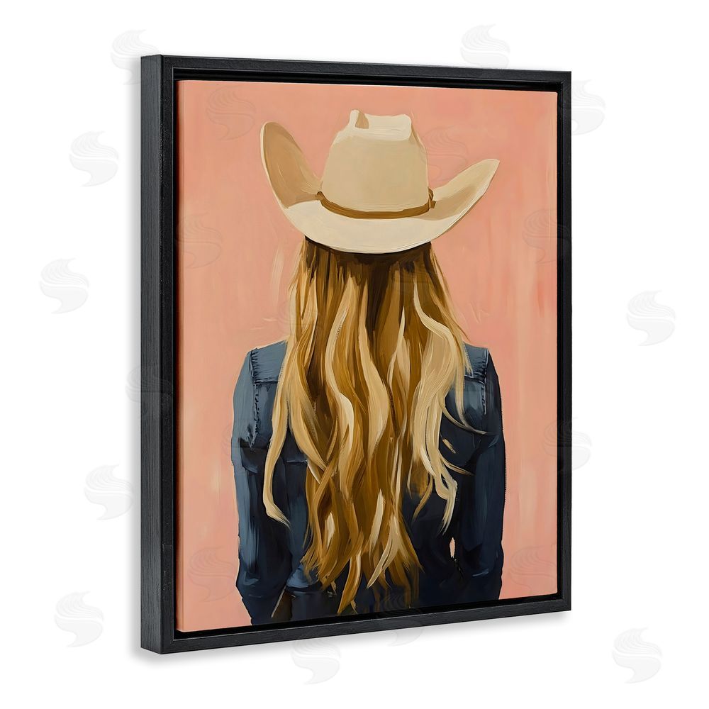 The Prints Vibe Blonde Cowgirl Back View Black Floating Frame Stretched Canvas Wall Art Print