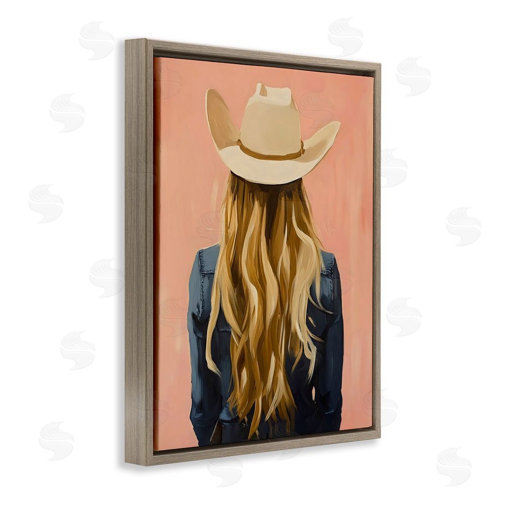 The Prints Vibe Blonde Cowgirl Back View Brown Floating Frame Stretched Canvas Wall Art Print