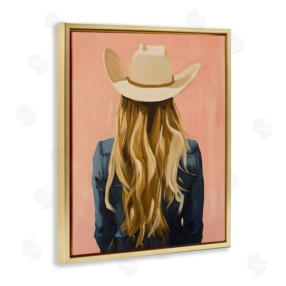 The Prints Vibe Blonde Cowgirl Back View Gold Floating Frame Stretched Canvas Wall Art Print