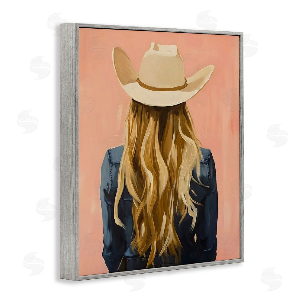 The Prints Vibe Blonde Cowgirl Back View Gray Framed Giclee Wall Art Print