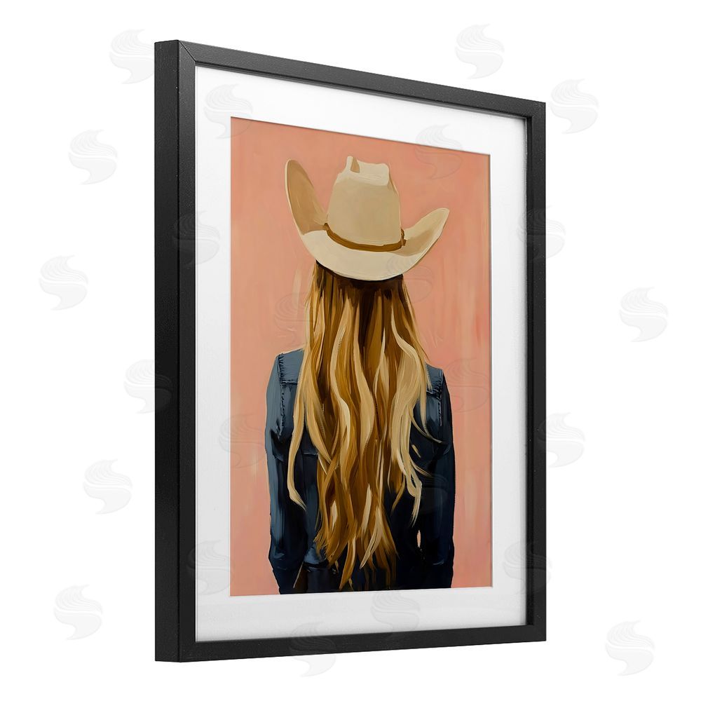 The Prints Vibe Blonde Cowgirl Back View Black Framed Print Under Glass with Matting Wall Art