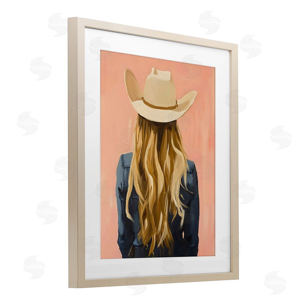 The Prints Vibe Blonde Cowgirl Back View Brown Framed Print Under Glass with Matting Wall Art