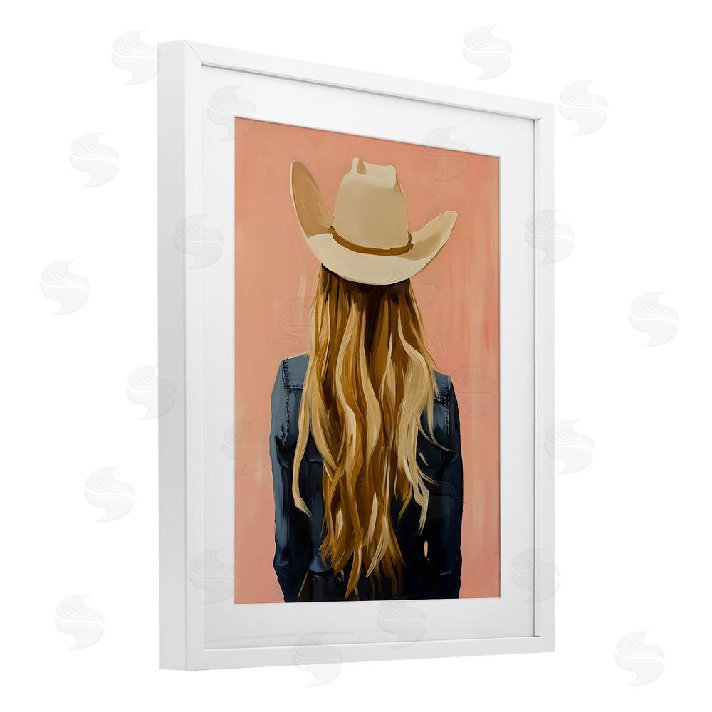 The Prints Vibe Blonde Cowgirl Back View White Framed Print Under Glass with Matting Wall Art