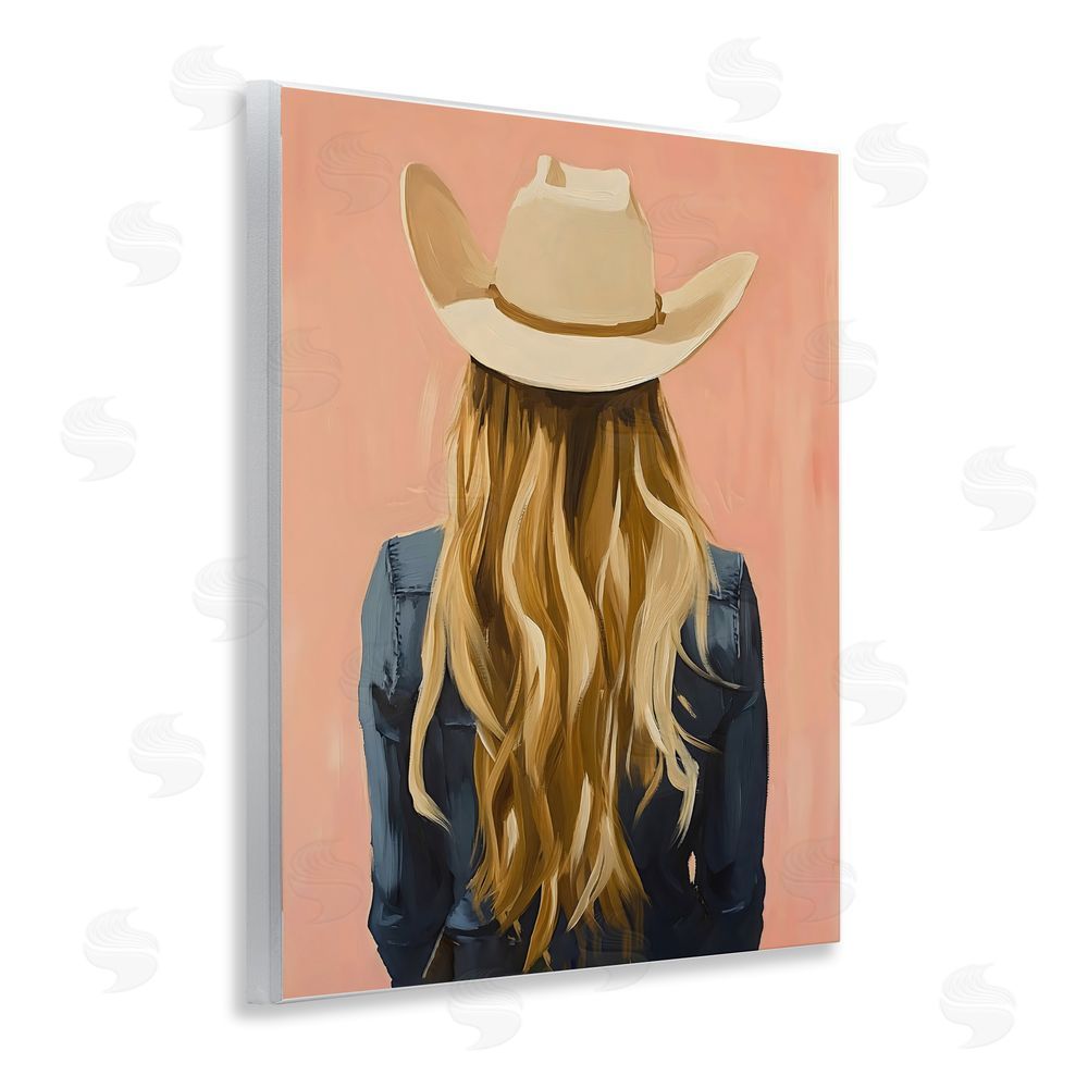 The Prints Vibe Blonde Cowgirl Back View Wall Plaque Art Print with White Foil Wrap