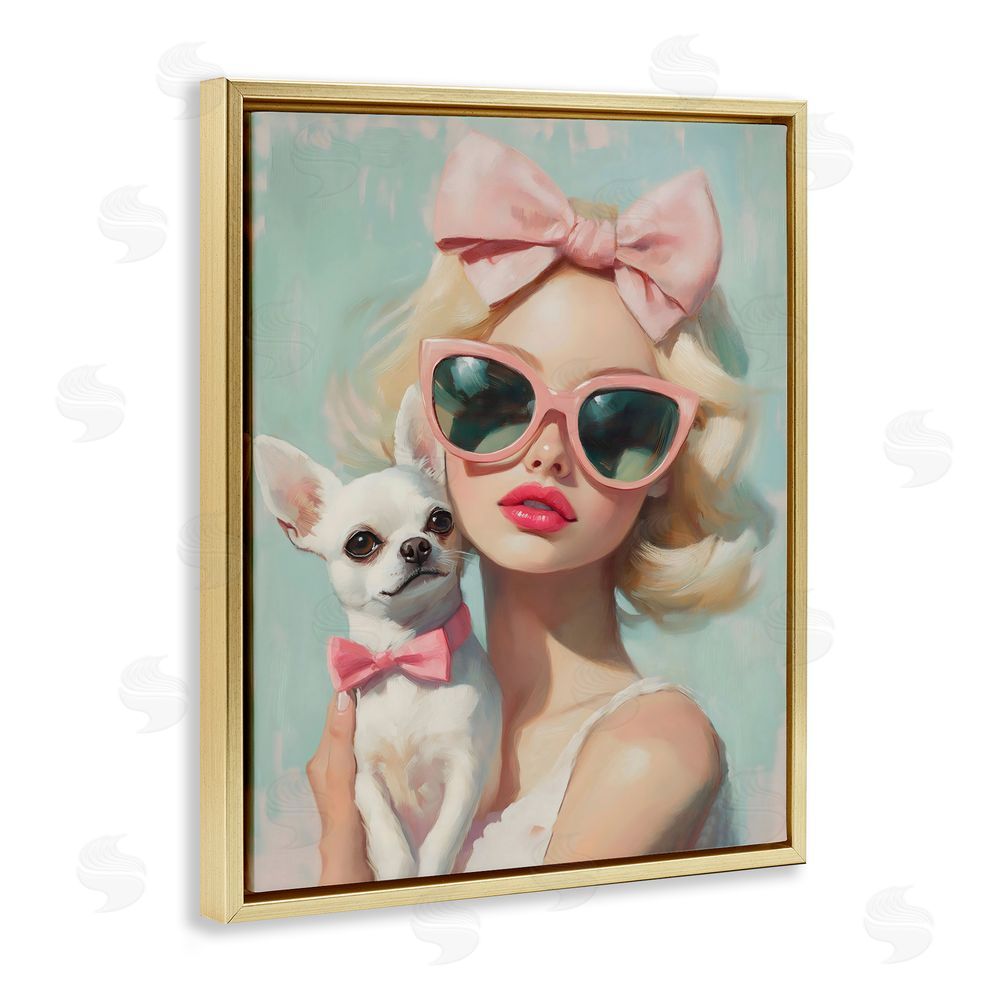 The Prints Vibe Girl with Chihuahua Gold Floating Framed Canvas Wall Art