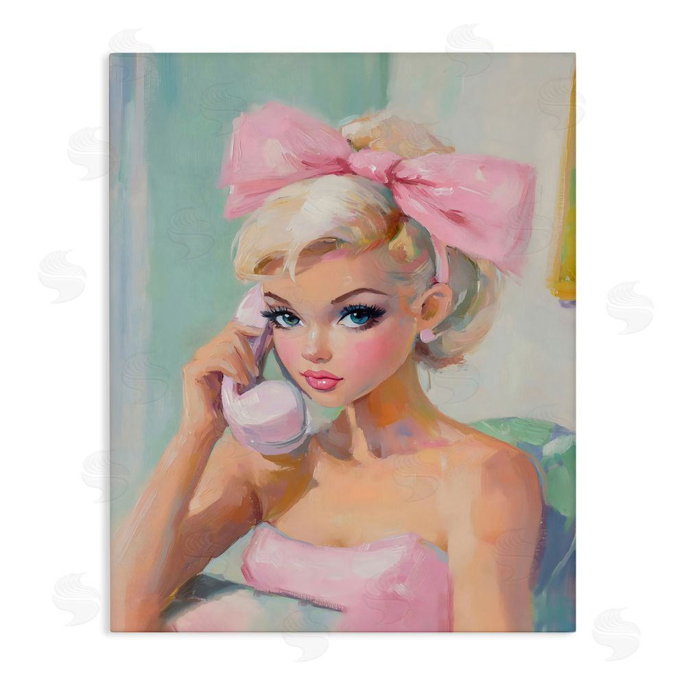 The Prints Vibe Blonde Girl with Pink Bow Stretched Canvas Wall Art Print