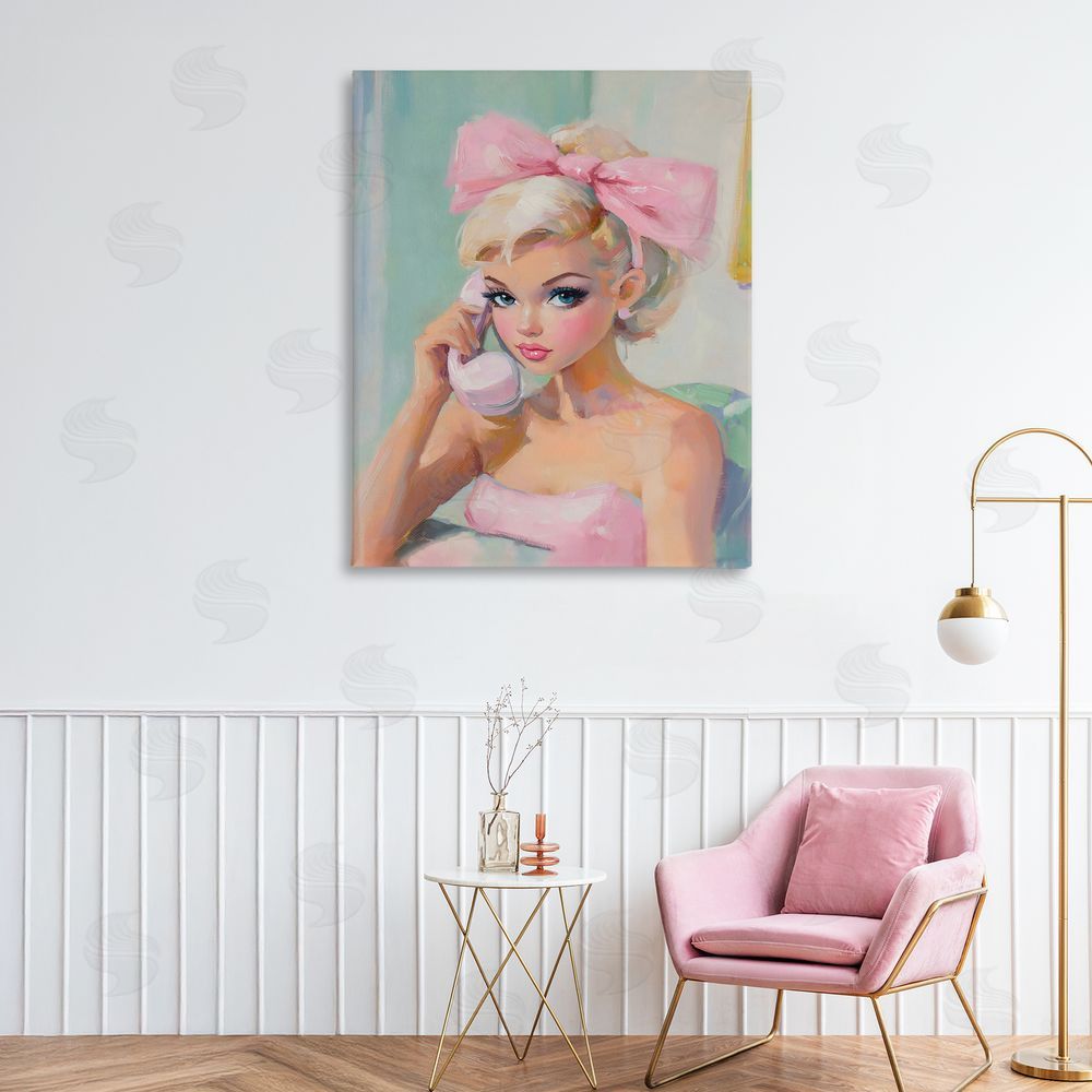 The Prints Vibe Blonde Girl with Pink Bow Stretched Canvas Wall Art Print in Room