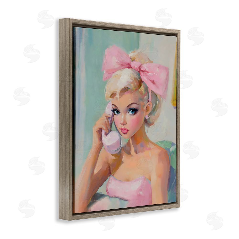 The Prints Vibe Blonde Girl with Pink Bow Brown Floating Frame Stretched Canvas Wall Art Print