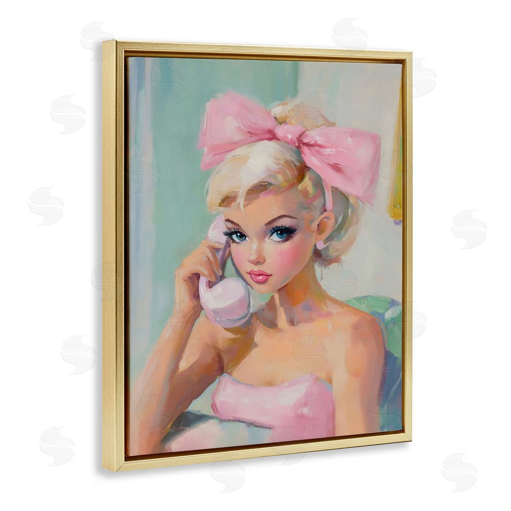 The Prints Vibe Blonde Girl with Pink Bow Gold Floating Frame Stretched Canvas Wall Art Print