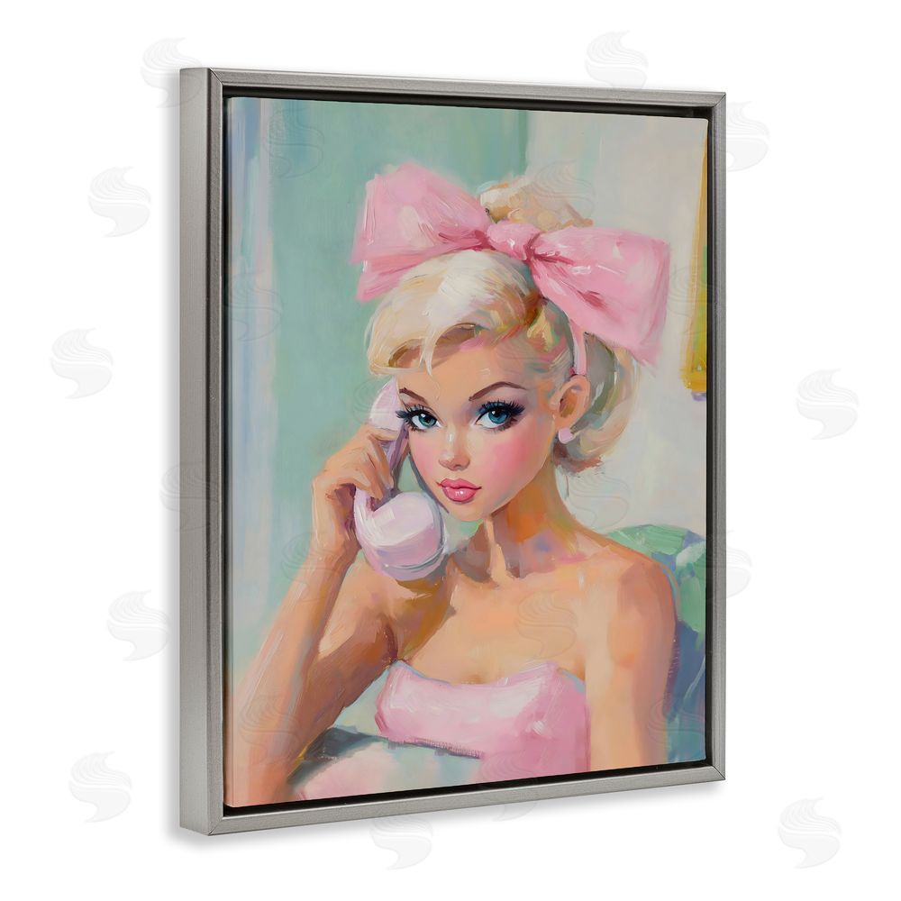 The Prints Vibe Blonde Girl with Pink Bow Gray Floating Frame Stretched Canvas Wall Art Print