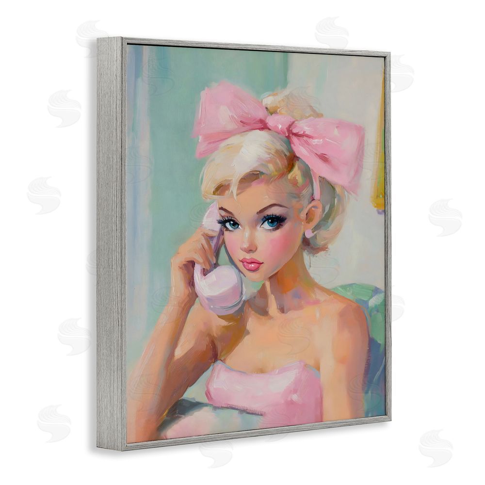 The Prints Vibe Blonde Girl with Pink Bow Gray Framed Giclee Wall Art Print