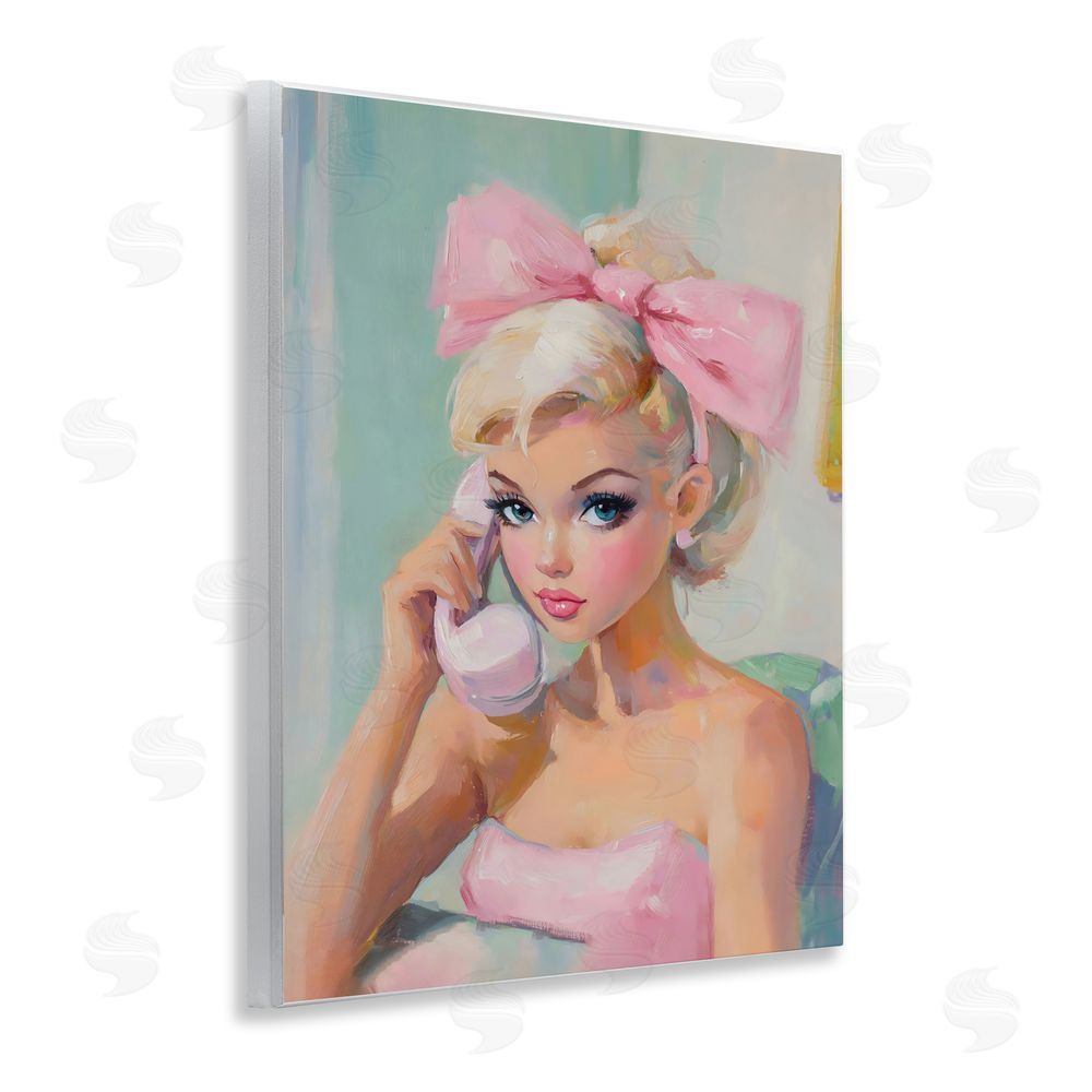 The Prints Vibe Blonde Girl with Pink Bow Wall Plaque Art Print with White Foil Wrap