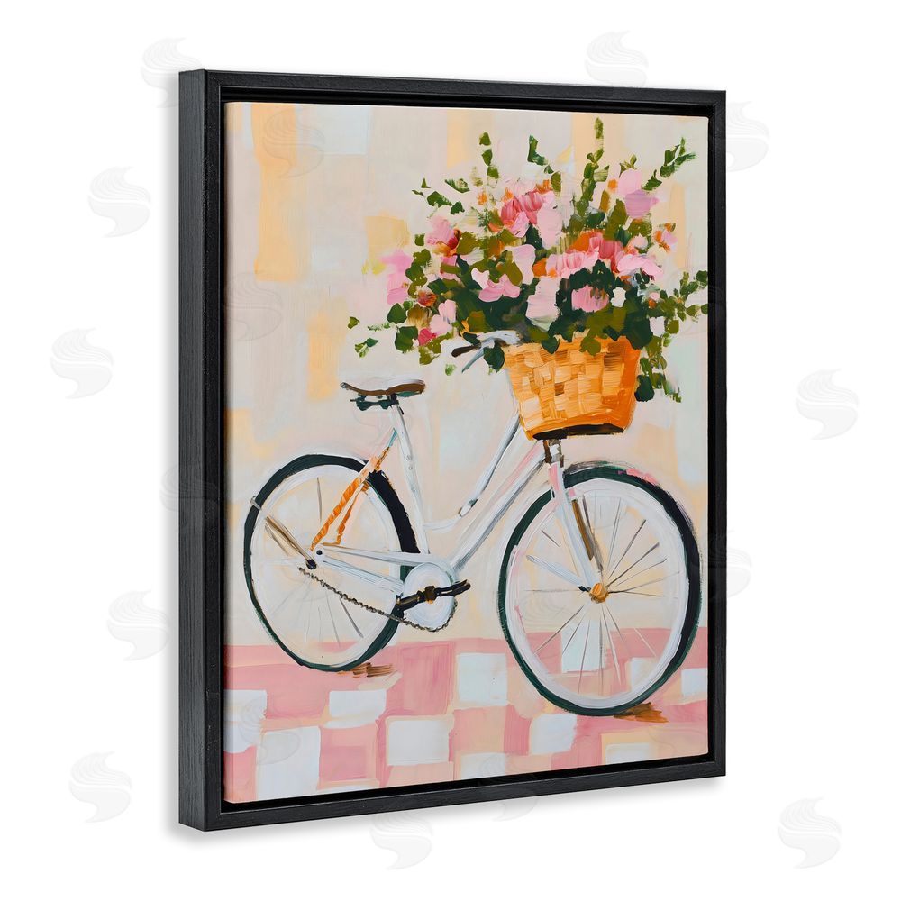 The Prints Vibe Blooming Bicycle Basket Black Floating Frame Stretched Canvas Wall Art Print