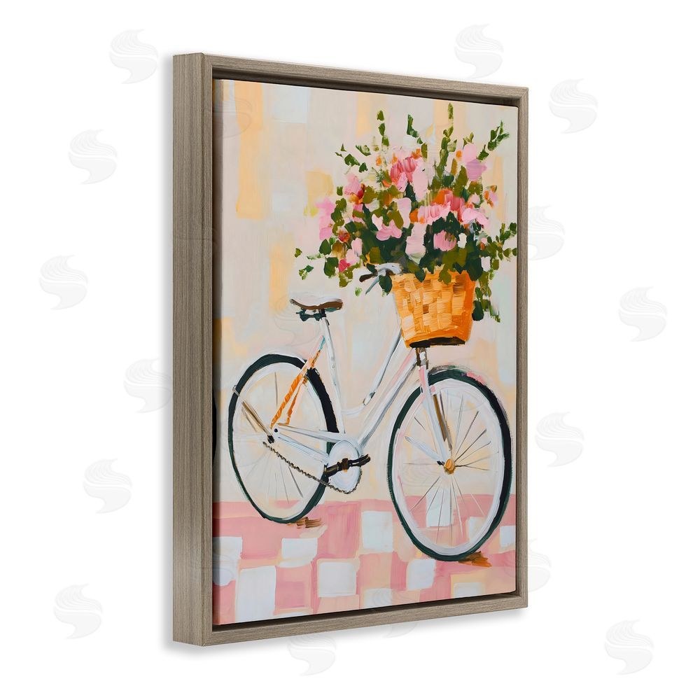 The Prints Vibe Blooming Bicycle Basket Brown Floating Frame Stretched Canvas Wall Art Print