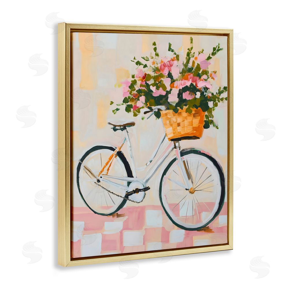 The Prints Vibe Blooming Bicycle Basket Gold Floating Frame Stretched Canvas Wall Art Print