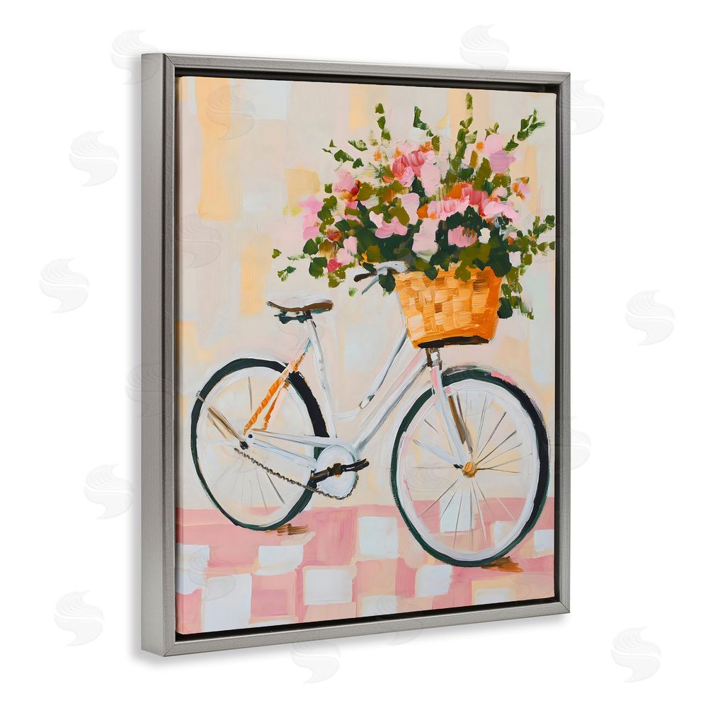 The Prints Vibe Blooming Bicycle Basket Gray Floating Frame Stretched Canvas Wall Art Print