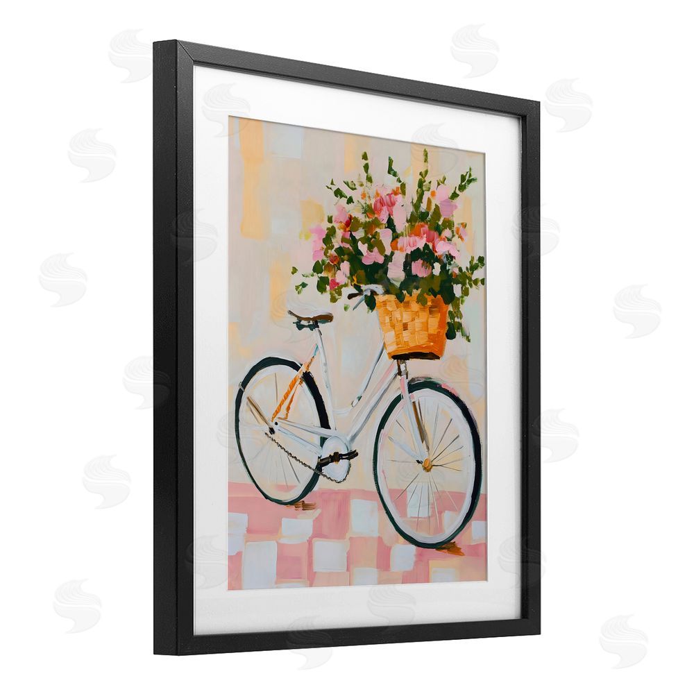 The Prints Vibe Blooming Bicycle Basket Black Framed Print Under Glass with Matting Wall Art
