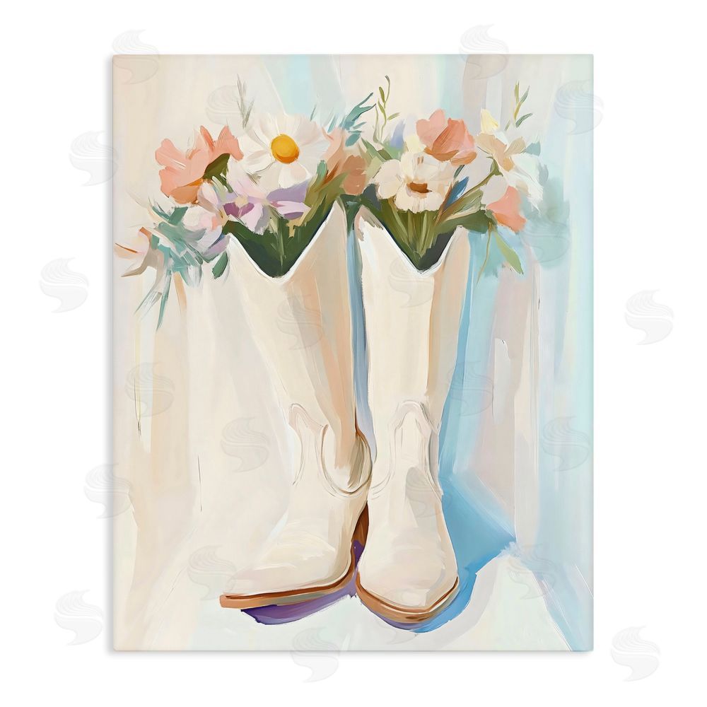 The Prints Vibe Floral White Cowgirl Boots Stretched Canvas Wall Art