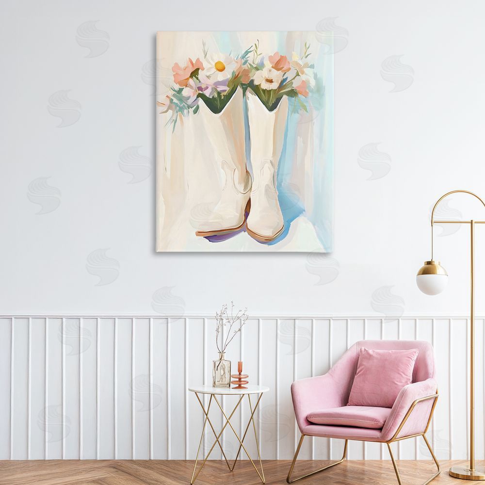 The Prints Vibe Floral White Cowgirl Boots Stretched Canvas Wall Art in Room