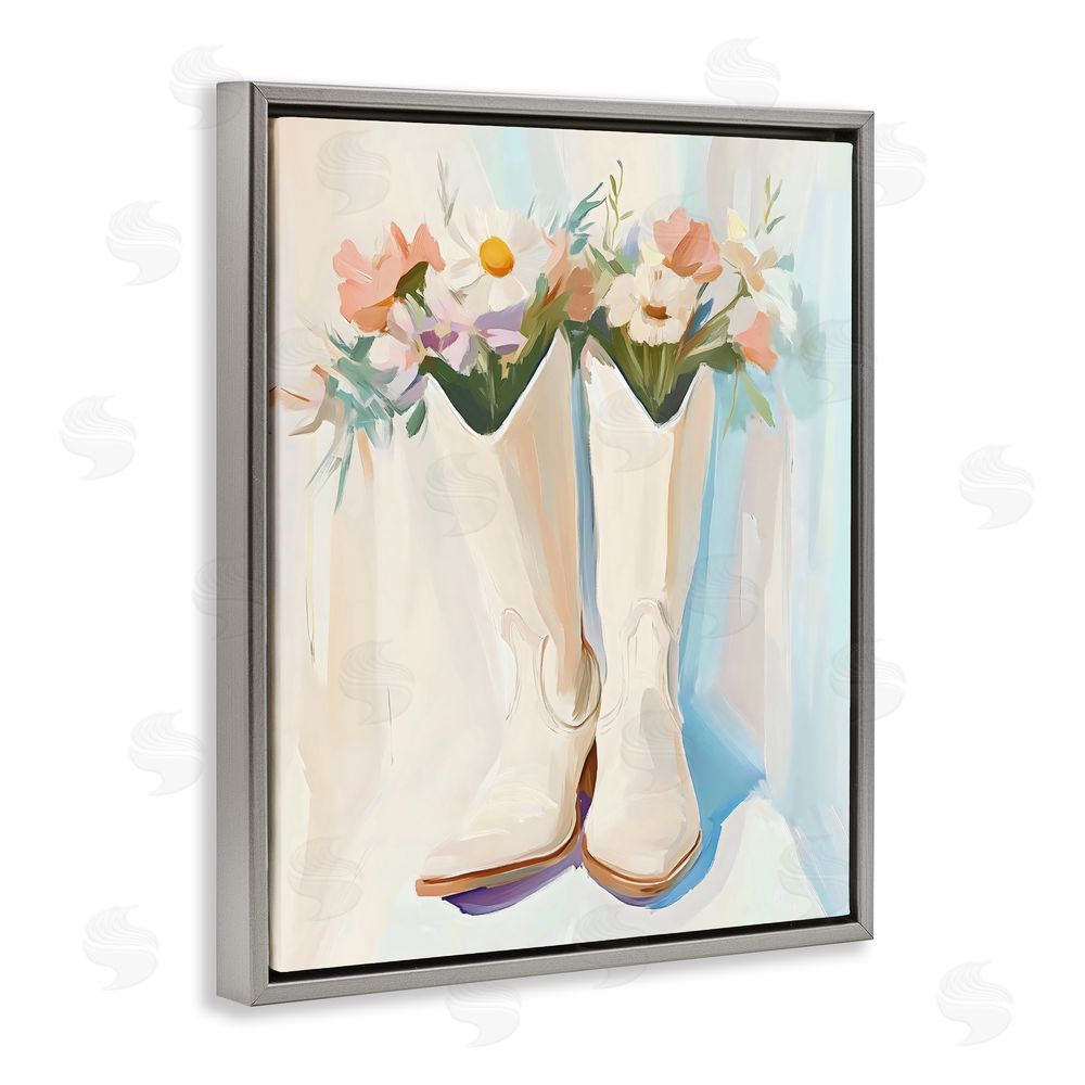 The Prints Vibe Floral White Cowgirl Boots Gray Floating Framed Canvas Wall Art