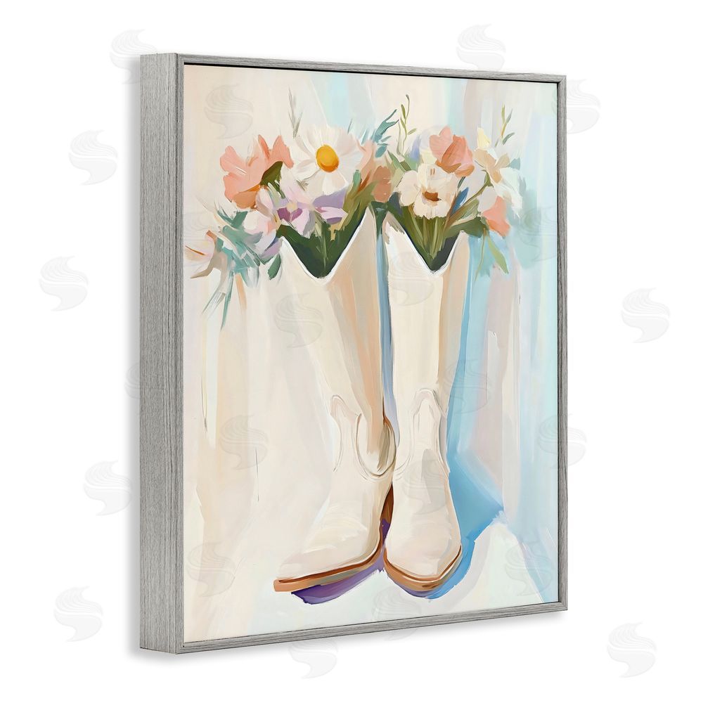 The Prints Vibe Floral White Cowgirl Boots Gray Framed Giclee Wall Art