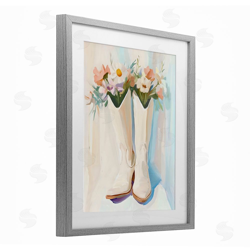 The Prints Vibe Floral White Cowgirl Boots Gray Framed Print Under Glass Wall Art