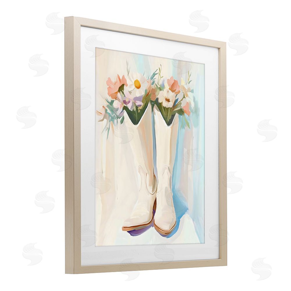 The Prints Vibe Floral White Cowgirl Boots Brown Framed Print Under Glass Wall Art