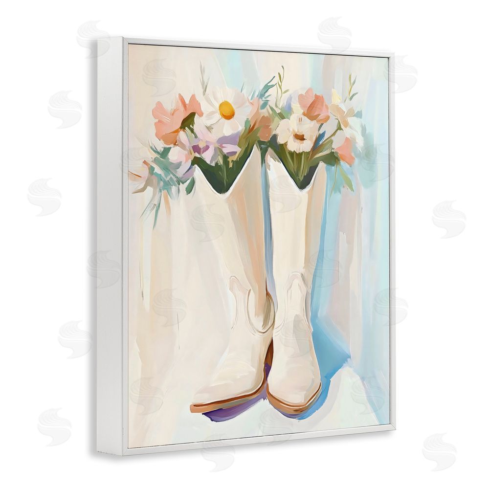 The Prints Vibe Floral White Cowgirl Boots White Framed Giclee Wall Art