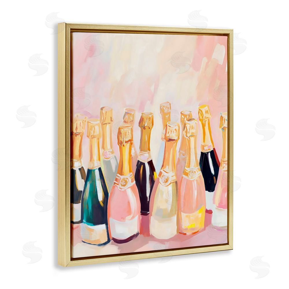 The Prints Vibe Blush Champagne Bottles Collection Gold Floating Frame Stretched Canvas Wall Art Print