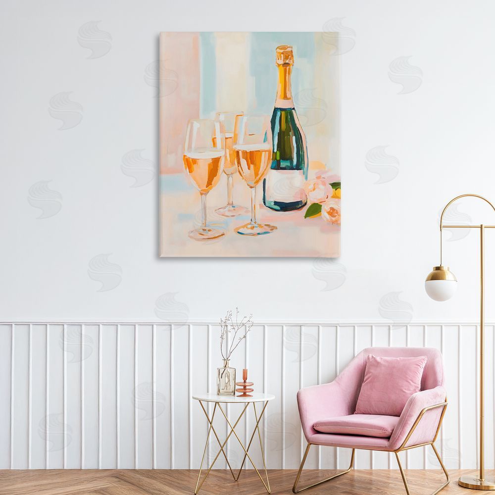 The Prints Vibe Champagne Triple Toast Stretched Canvas Wall Art Print in Room