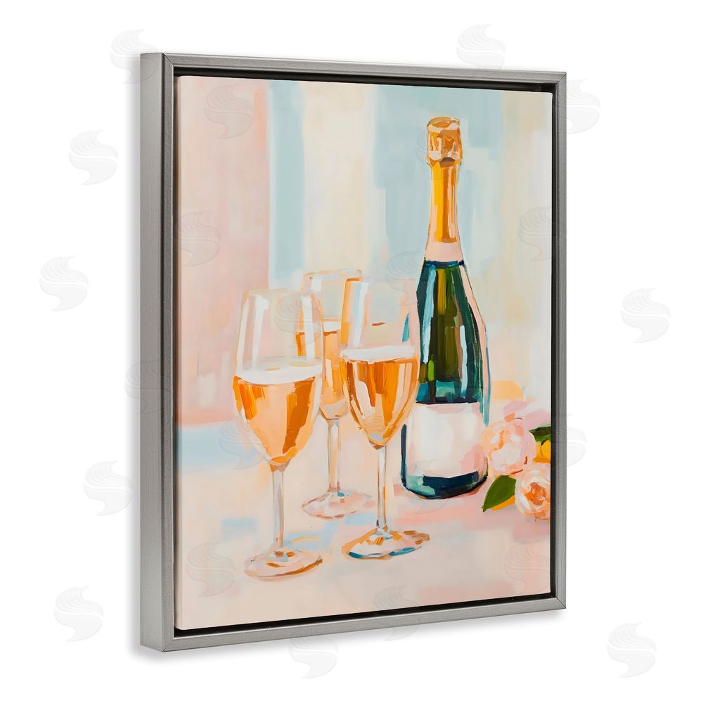 The Prints Vibe Champagne Triple Toast Gray Floating Frame Stretched Canvas Wall Art Print
