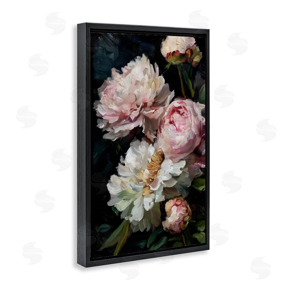Petal Prints Design Soft And Moody Peonies Black Floating Framed Canvas Wall Art Print