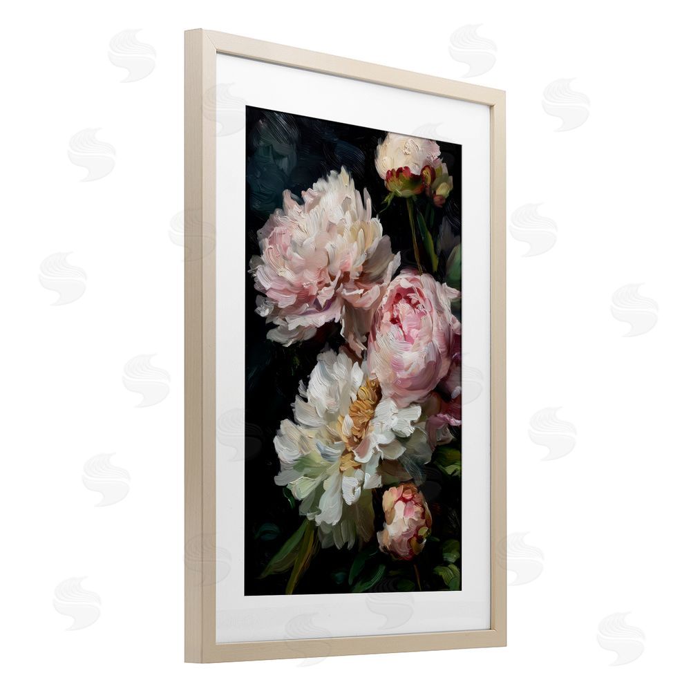 Petal Prints Design Soft And Moody Peonies Brown Framed Print Under Glass with White Mat Wall Art