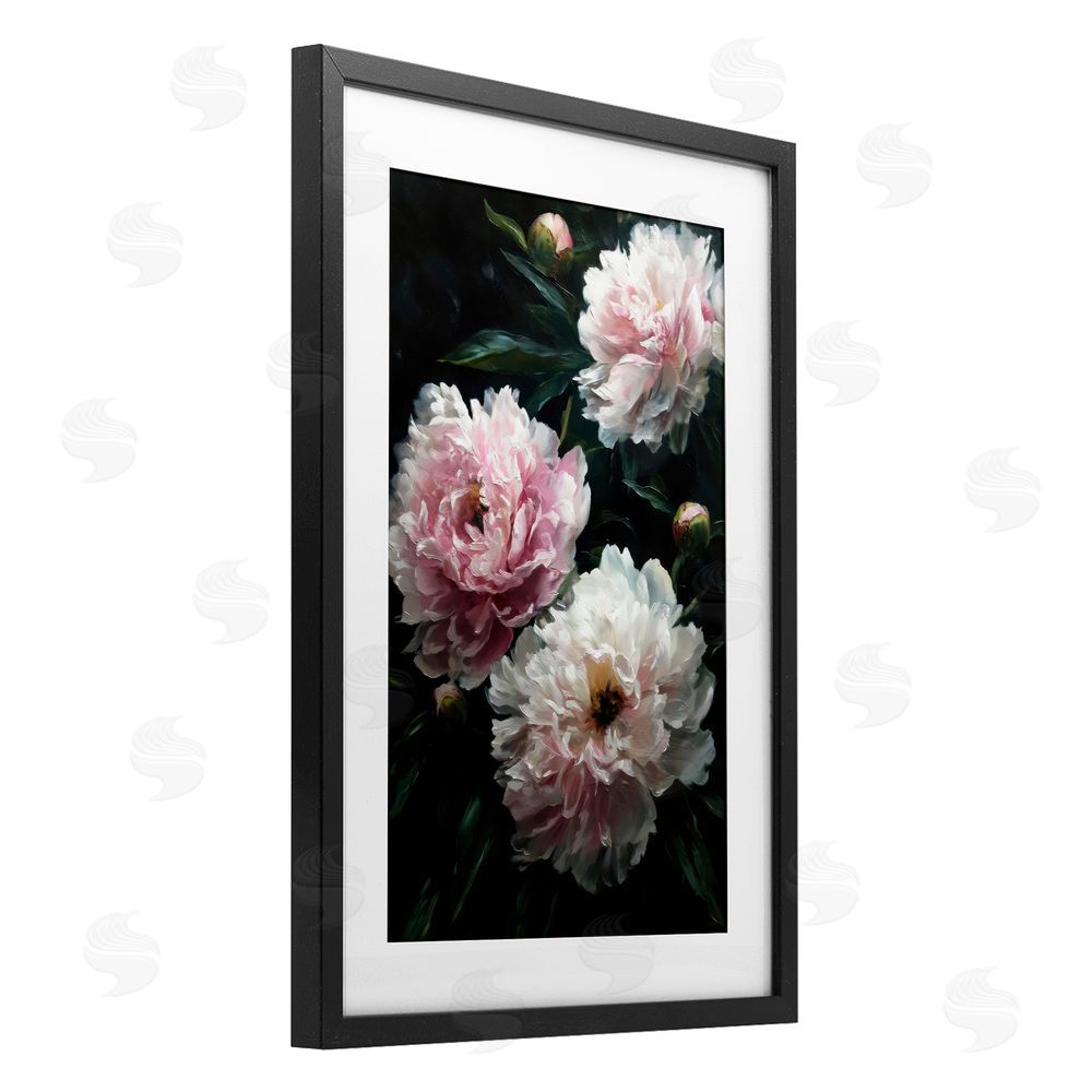 Petal Prints Design Soft Pink Peony Garden Black Framed Print Under Glass with White Mat Wall Art