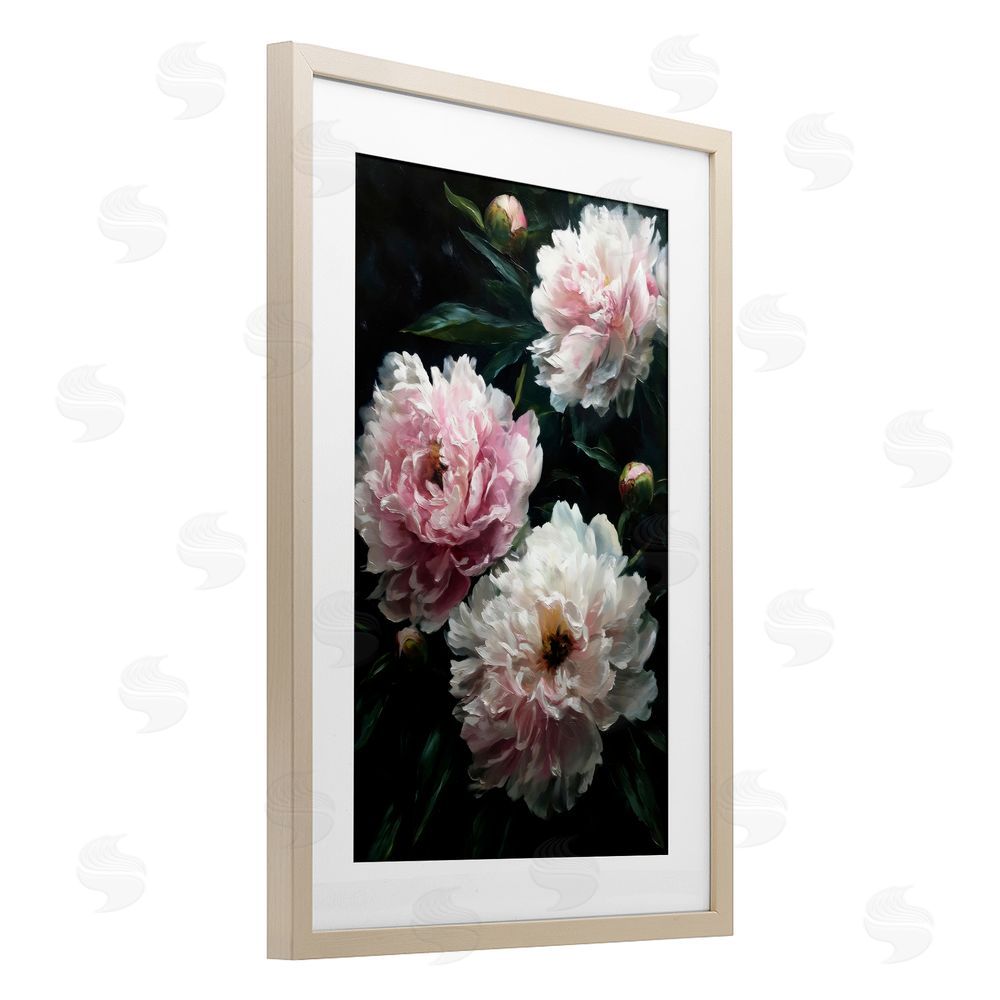 Petal Prints Design Soft Pink Peony Garden Brown Framed Print Under Glass with White Mat Wall Art