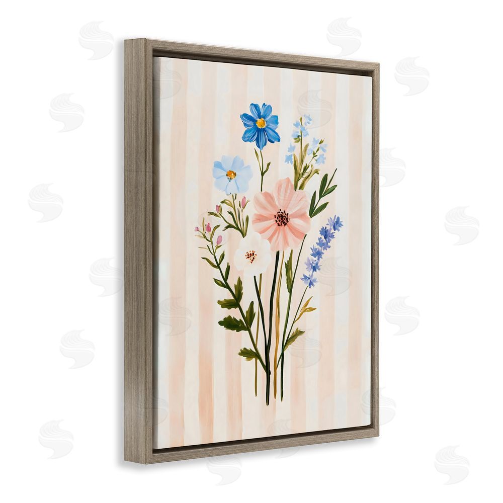 The Prints Vibe Cream Stripe Florals Brown Floating Frame Canvas Wall Art Print