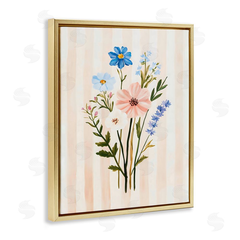 The Prints Vibe Cream Stripe Florals Gold Floating Frame Canvas Wall Art Print