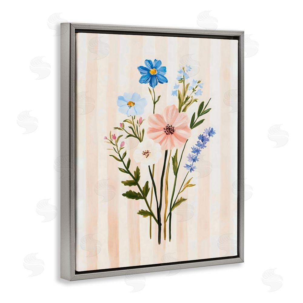 The Prints Vibe Cream Stripe Florals Gray Floating Frame Canvas Wall Art Print