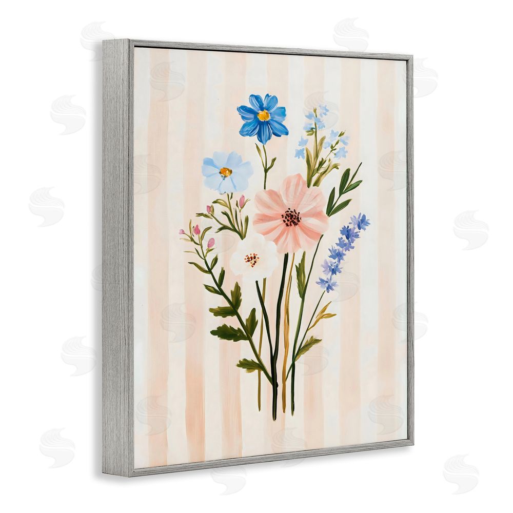The Prints Vibe Cream Stripe Florals Gray Framed Giclee Wall Art Print