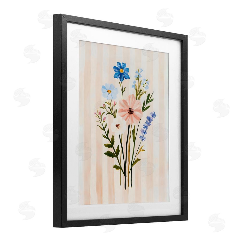The Prints Vibe Cream Stripe Florals Black Framed Print Under Glass Wall Art