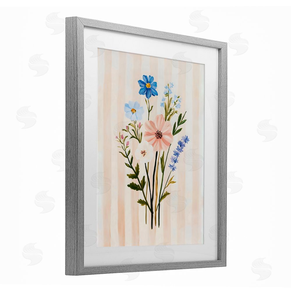 The Prints Vibe Cream Stripe Florals Gray Framed Print Under Glass Wall Art
