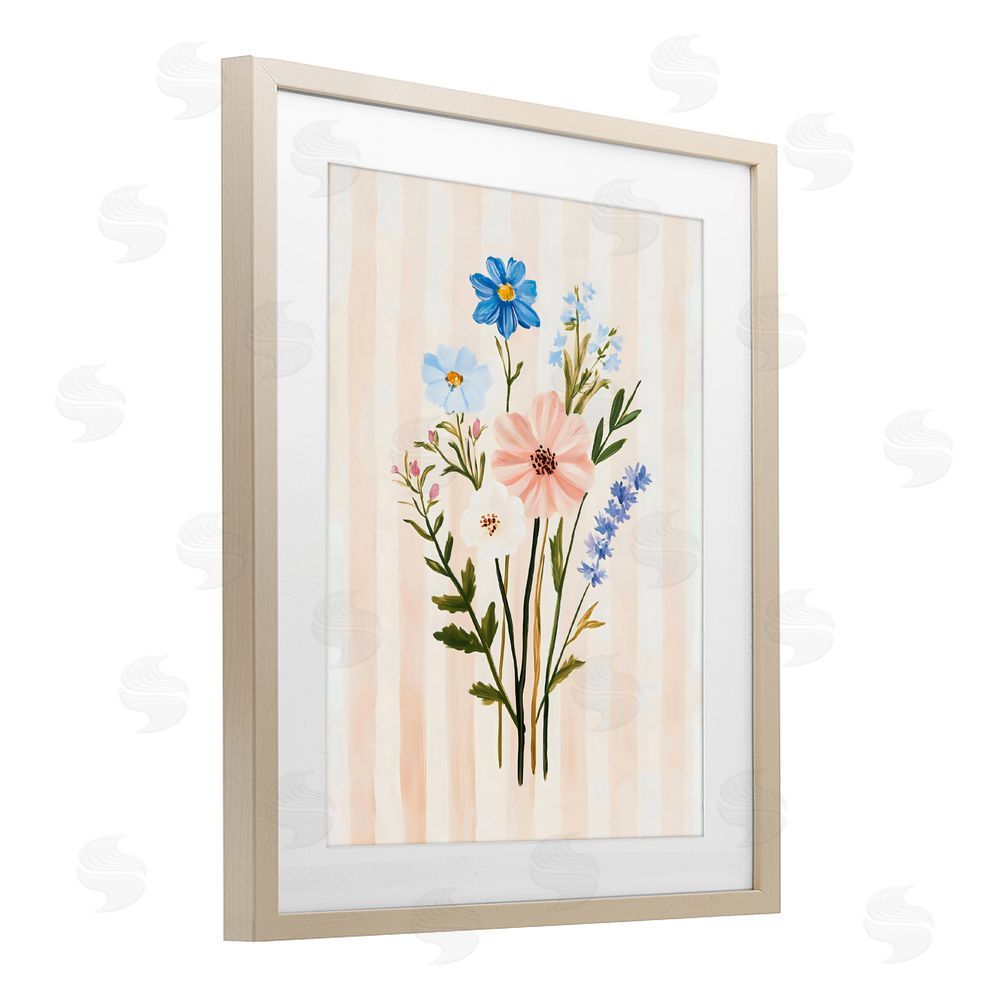 The Prints Vibe Cream Stripe Florals Brown Framed Print Under Glass Wall Art