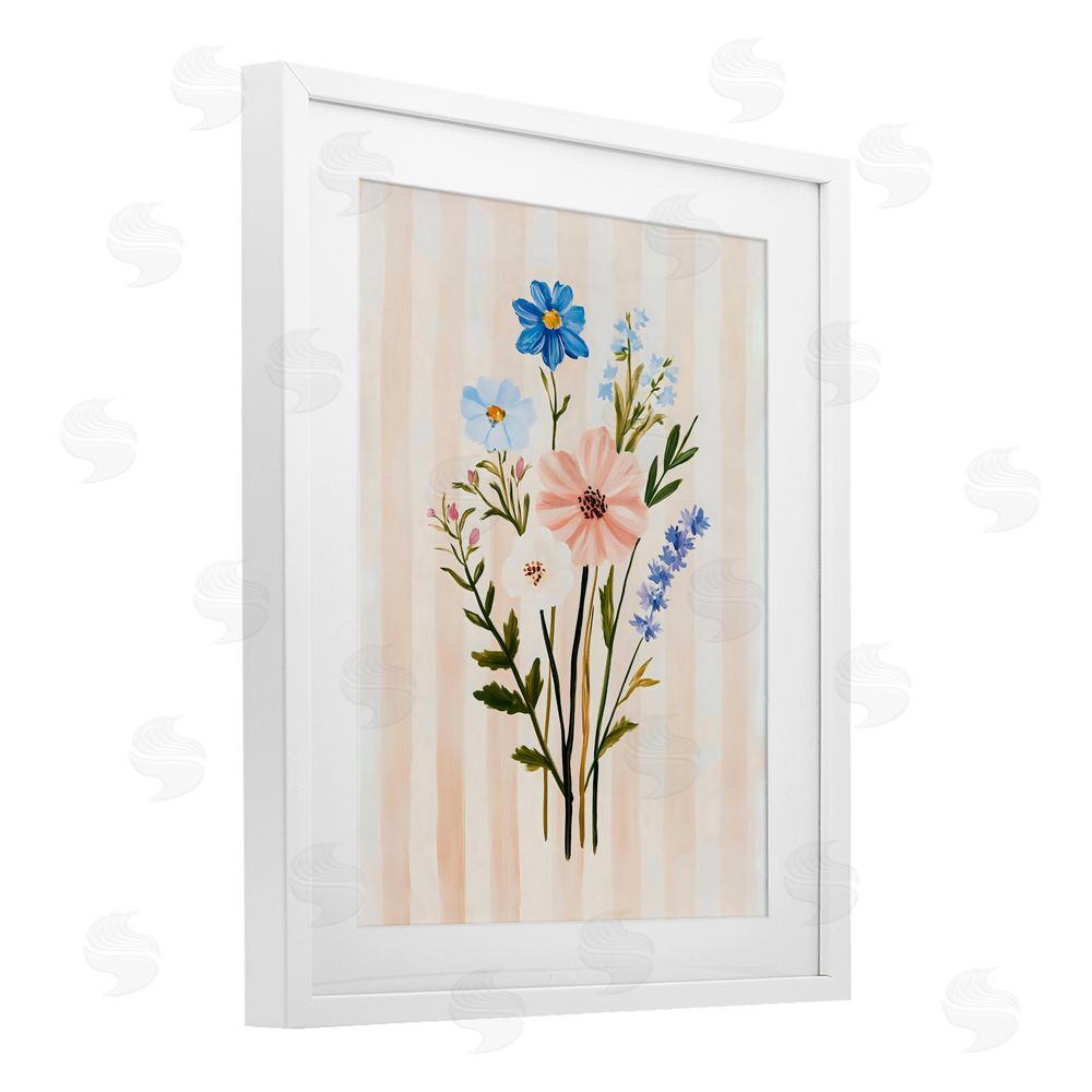 The Prints Vibe Cream Stripe Florals White Framed Print Under Glass Wall Art