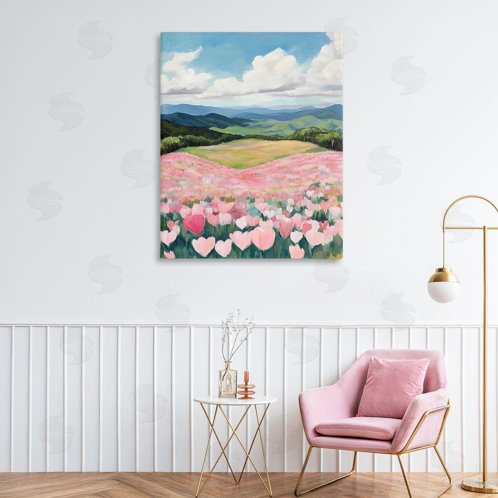 The Prints Vibe Blush Pink Poppy Field Stretched Canvas Wall Art Print in Room