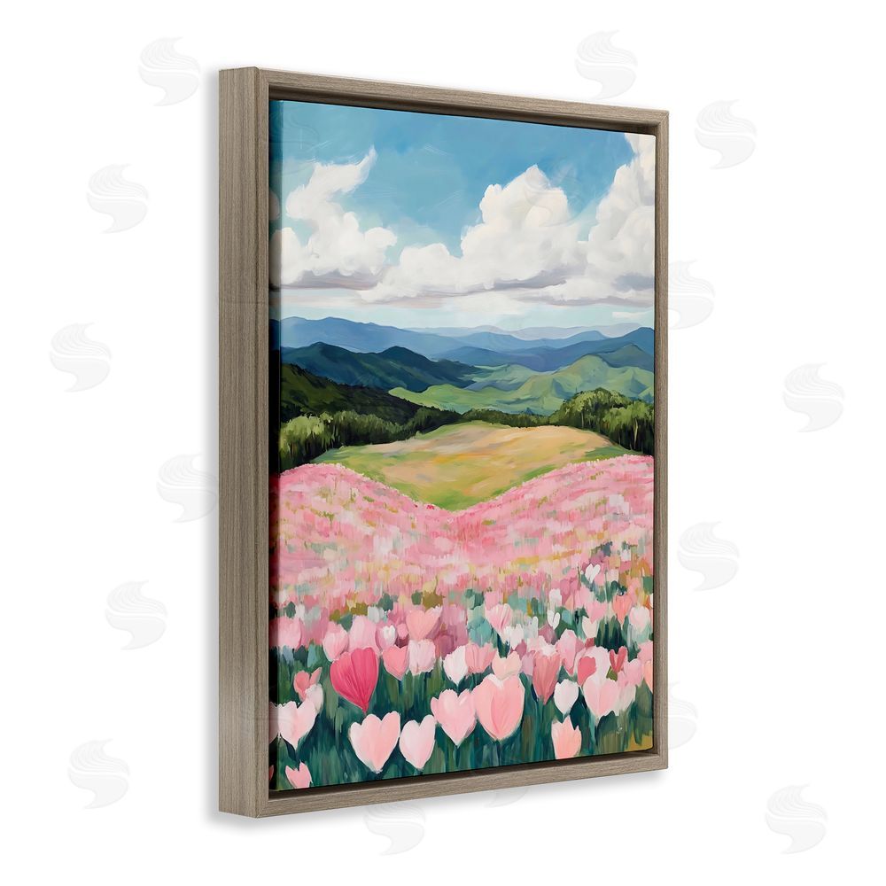 The Prints Vibe Blush Pink Poppy Field Brown Floating Frame Stretched Canvas Wall Art Print