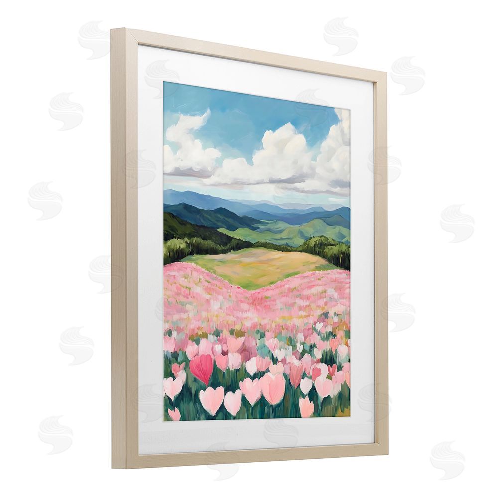 The Prints Vibe Blush Pink Poppy Field Brown Framed Print Under Glass with Matting Wall Art