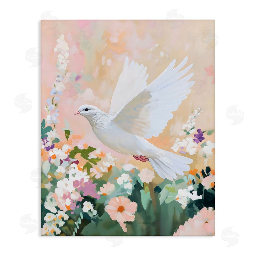 The Prints Vibe White Dove Among Spring Blooms Stretched Canvas Wall Art Print