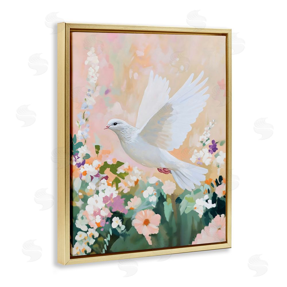 The Prints Vibe White Dove Among Spring Blooms Gold Floating Framed Canvas Wall Art Print